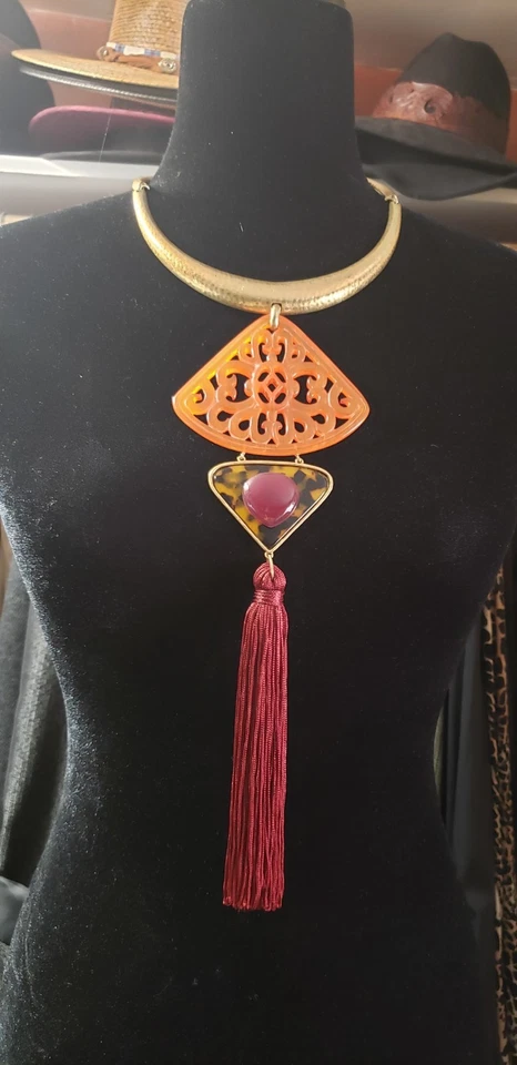 Chico's Statement 18 Inch Burgundy Tassel Necklace W/ Orange & Cheetah Pendants - Image 2 of 4