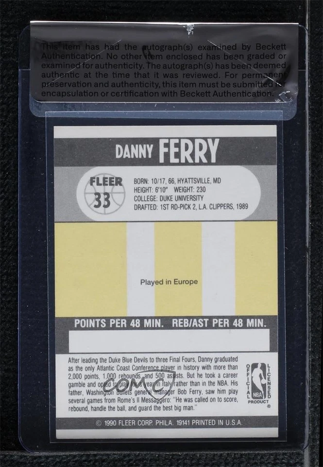 BAS 1990-91 Fleer Danny Ferry #33 Sello de Autenticidad Automático Novato RC Foto 2 de 2
