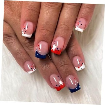 4th of July Press on Nails Short Square French False Nails Red White Style9