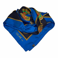 Vintage CELINE Paris Silk Scarf Blue Black Gold Chain Jewel Medallion Print