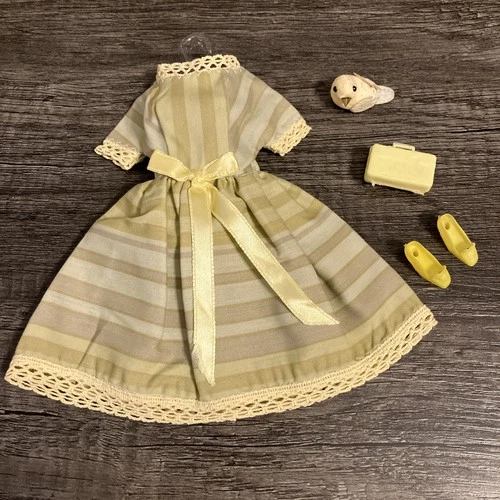 Vintage Barbie Size 1960s Outfit Set - Sage Green Day Dress & Accessories