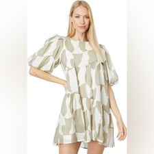 MOON RIVER Geo Print Mini Dress Puff Sleeves White Taupe Boho Flowy Women's Sz S