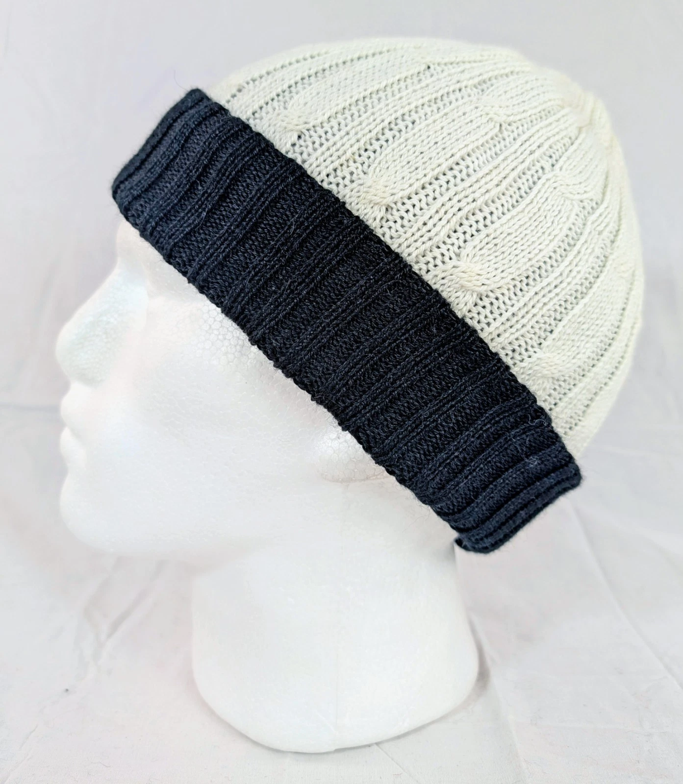 Extra Soft Baby Alpaca Reversible Cable Knit Beanie White Black Handmade