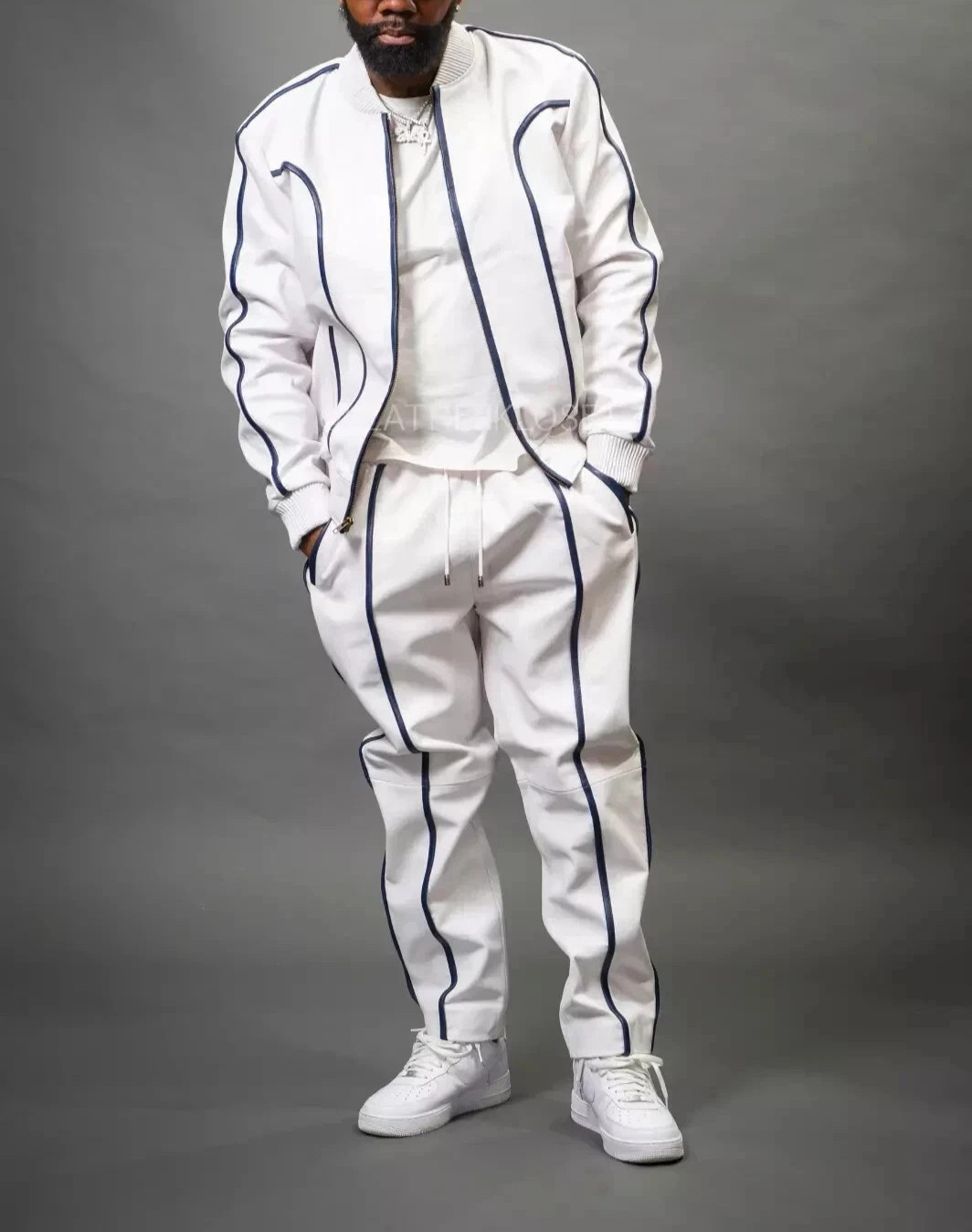 Chándal para correr para hombre blanco y azul marino piel de cordero traje de chándal traje para sudar