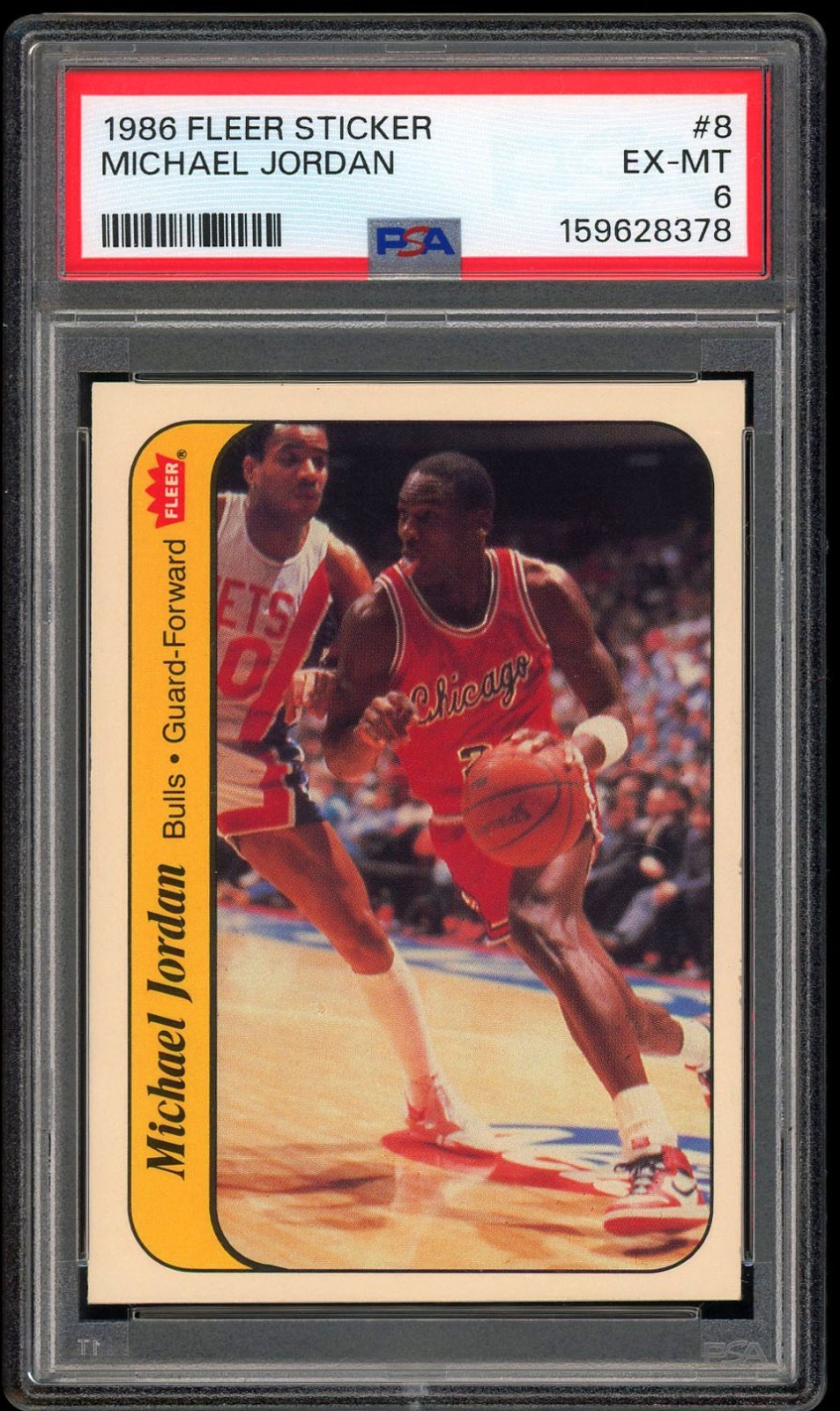 Michael Jordan 1986 Fleer Sticker Rookie RC 8 PSA 6 EX-MINT BULLS HOF view 1