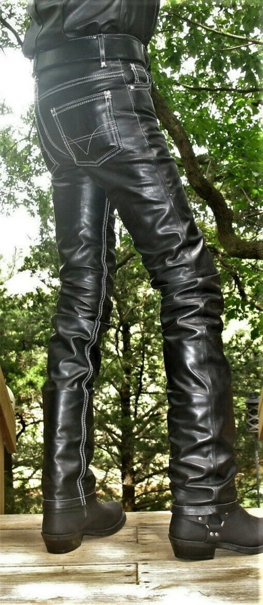 Mens Motorcycle Leather Jeans Pants Biker trouser Cow Plain