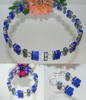 3Er Schmuckset Armband Kette Armband Cube Cat Eye Royal Blau Glas Strass 507A