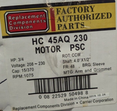 CARRIER/BRYANT/PAYNE HC45AQ230 3/4HP BLOWER MOTOR 1075RPM