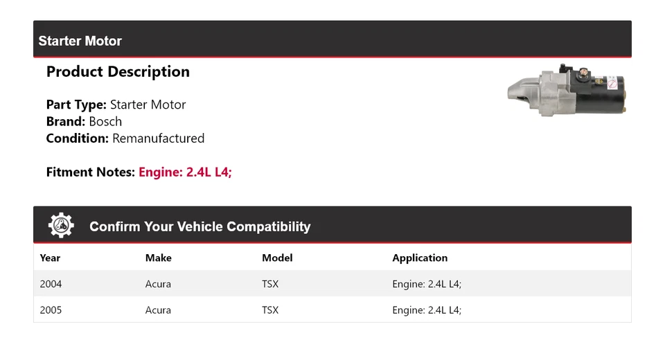 Arrancador Bosch Acura TSX 2004-2005 2,4 L L4 (remanufacturado) Foto 2 de 4
