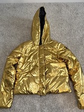 Kendall + Kylie For Ovs Women's Metallic Gold Hoodie Puffer Crop Zip Jacket Xs
