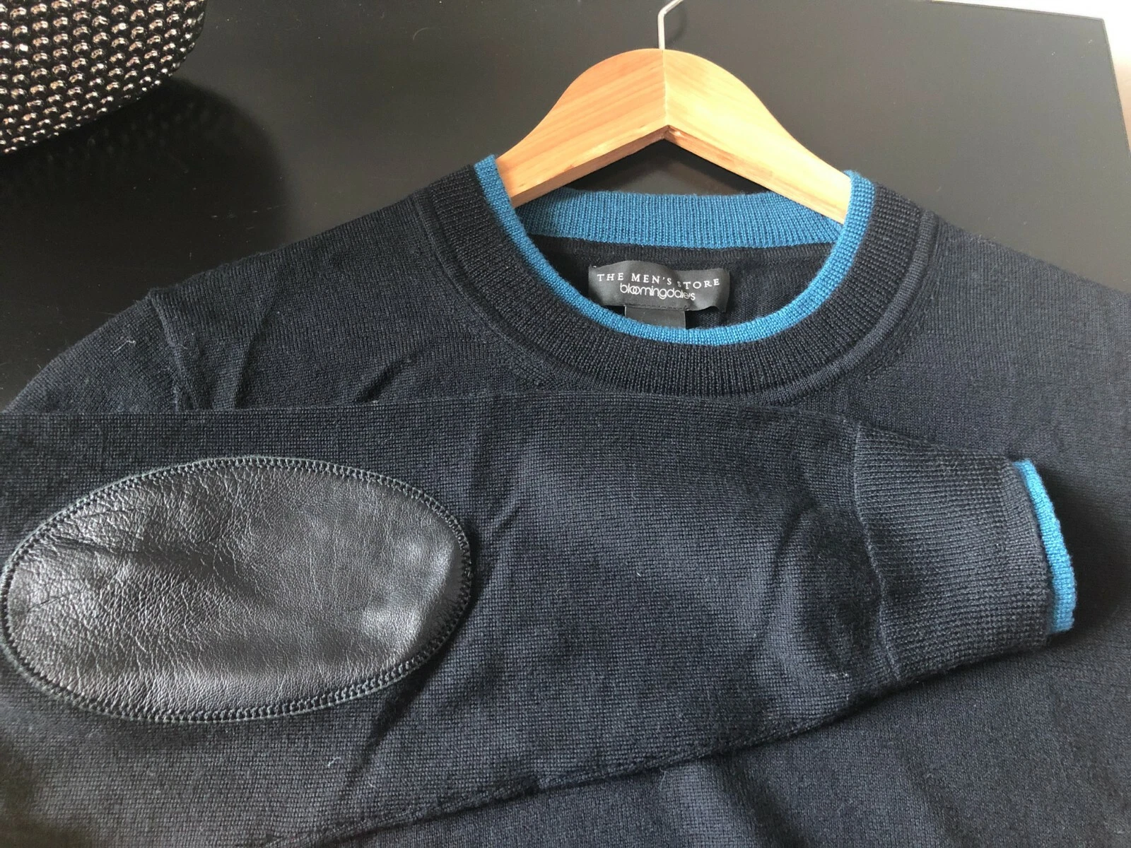 NEW BLOOMINGDALE'S WOOL LEATHER CREW NECK KNIT SWEATER SIZE M