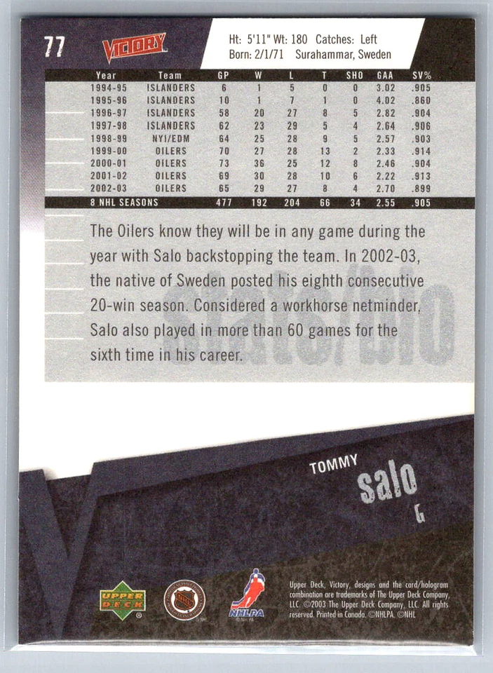 # 77 Tommy Salo Edmonton Oilers 2003-04 Upper Deck Victory - Image 2 of 2