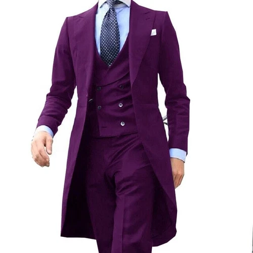 Men Formal Suit Long Blazer Jacket+Vest+Pants 3 Pieces Set New Male Costume - Picture 11 of 27