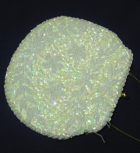 vtg Beaded Sequin Evening Handbag iridescent ivory gold chain handmade Hong Kong - Picture 9 of 9