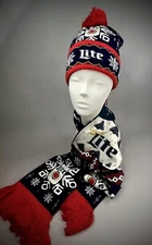 Miller Lite Scarf and Hat Ugly Christmas Sweater Theme Beer Knit Holiday