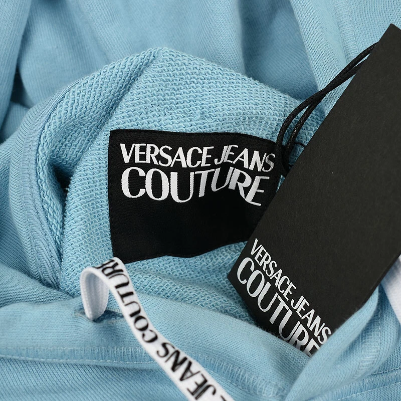 Felpa con cappuccio VERSACE JEANS COUTURE uomo blu cielo bianco LOGO XXL NUOVA CON ETICHETTE