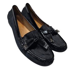 Coach Frida Loafers Womens 7.5B Black Signature Canvas Patent Leather Bow Shoes