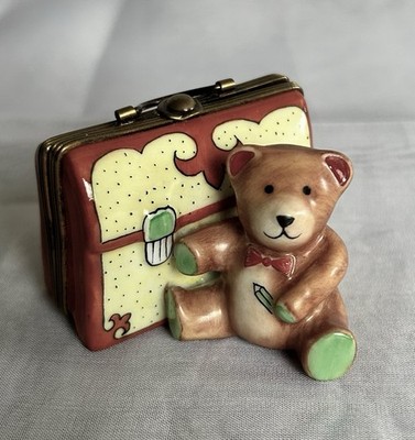 Limoges France Peint Main Teddy Bear w/ Suitcase Trinket Box
