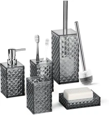Bathroom Accessory Set, Grid Pattern 5 Pcs Plastic Bathroom Set Include Toilet B