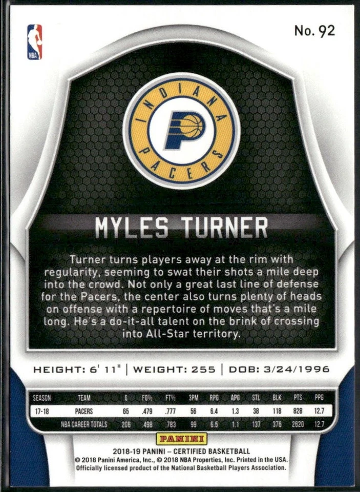 2018-19 Panini Certified #92 Myles Turner Pacers - Image 2 of 2