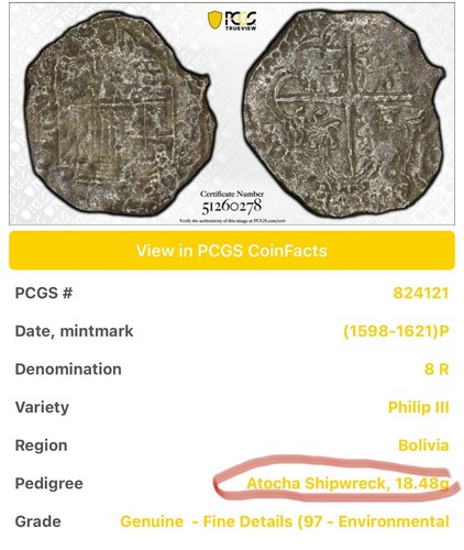 1598-1621 BOLIVIA ATOCHA SHIPWRECK 8 REALES SILVER COIN PCGS F - Picture 2 of 6