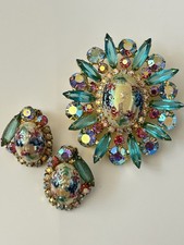 RARE Vtg Juliana Easter Egg AB stones Ice Blue Brooch Earrings SET Perfect