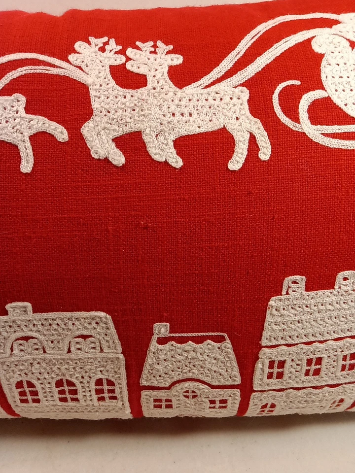 Travesseiro lombar bordado Crewel Natal feriado trenó de Papai Noel telhados 19 X 11 - Imagem 4 de 4