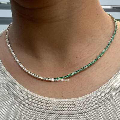 Tennis-Halskette 7 Karat rund im Labor gezüchtet Diamant & Smaragd