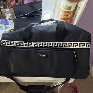 Versace Black Nylon Duffle Bag Greek Key Trim, Adjustable Shoulder Strap 18"