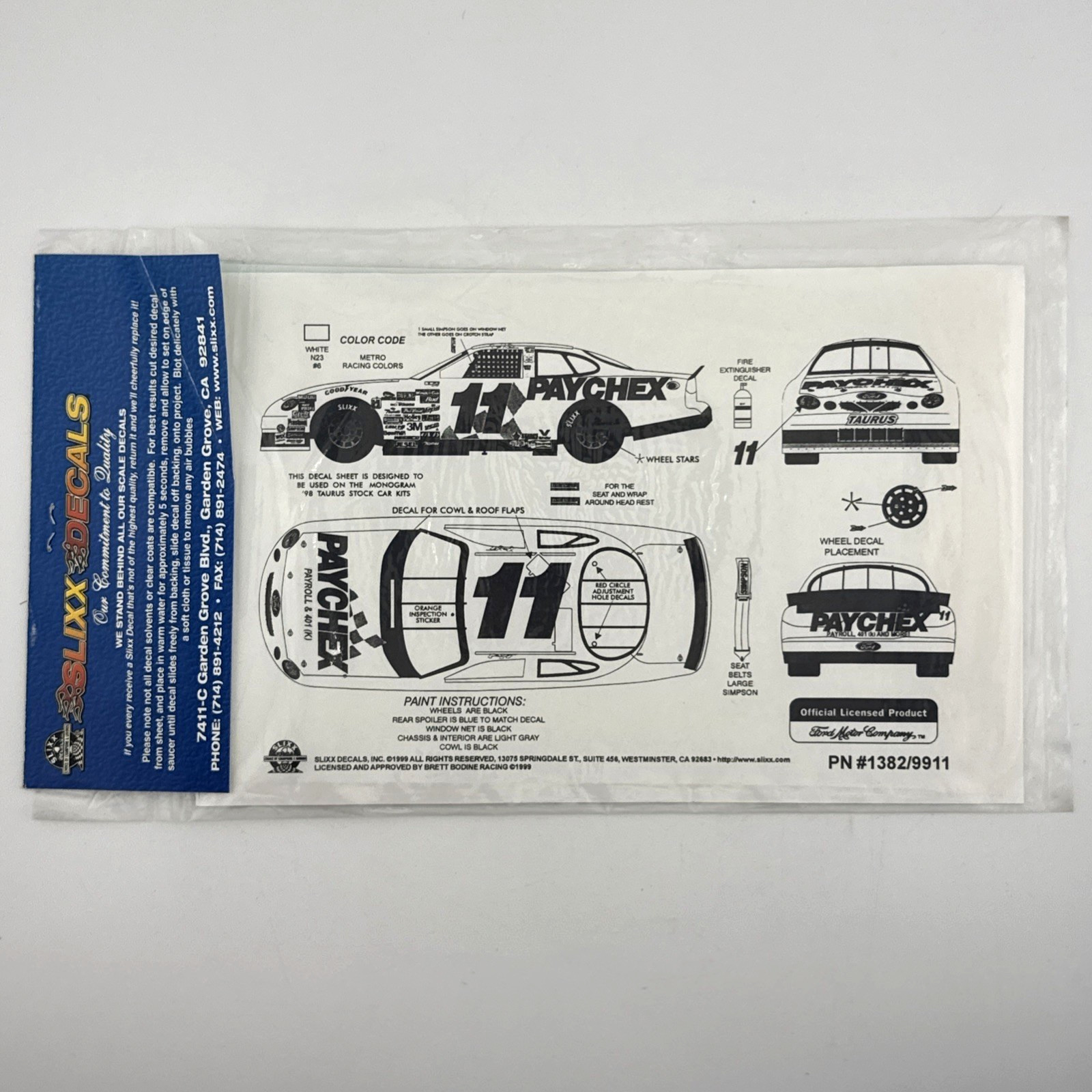 Slixx 1382 #11 Paychex 1999-Brett Bodine Nascar decal