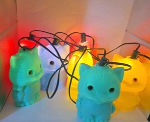 Vintage 7 Blow Mold Plastic Cat Kitty Patio RV String Light