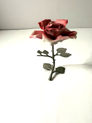 VINTAGE PINK PORCELAIN ROSE WITH METAL LEAF STEM