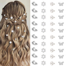 40 Pcs Mini Flower Hair Clips - Cute Rhinestone  Pearl Hair Pins - Decorative B