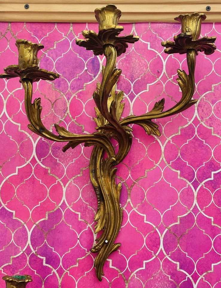 PAR Arandelas de Parede Antigas Francesas Louis XV Rococó Dore Bronze 18” Qualidade Ornamentada - Imagem 2 de 4