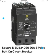 Square D EDB34020 20A 3 Poles Bolt On Circuit Breaker