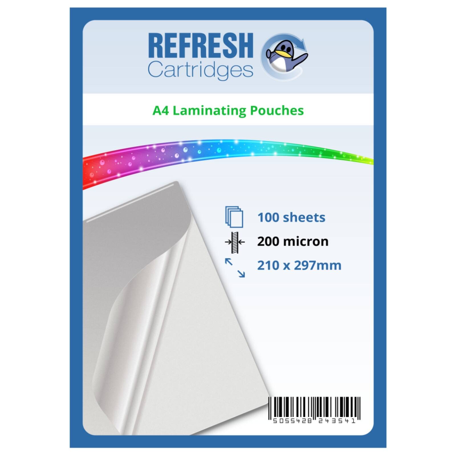 Refresh Cartridges Glossy Laminating Pouches A4 200 Micron Pack of 100 Sheets