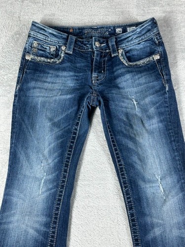 Pantalones de mezclilla Miss Me para mujer 28 Bootcut pierna ancha tiro bajo adornados lentejuelas Y2K - Imagen 2 de 16