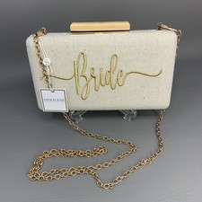 Wedding BRIDE Linen Clutch Cross Body Purse Removable Gold Chain Embroidered