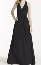 NWT Davids Bridal Soft Crinkle Chiffon Halter Draped Cascade Size 6 Black