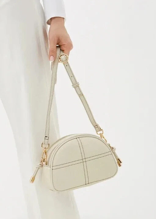 Topshop Topstitch Cream Half Moon 2 Zip Crossbody Bag RRP 25.99