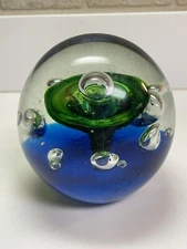 Maud and Bob St Clair Green Trumpet Flower Paperweight with Controlled Bubbles