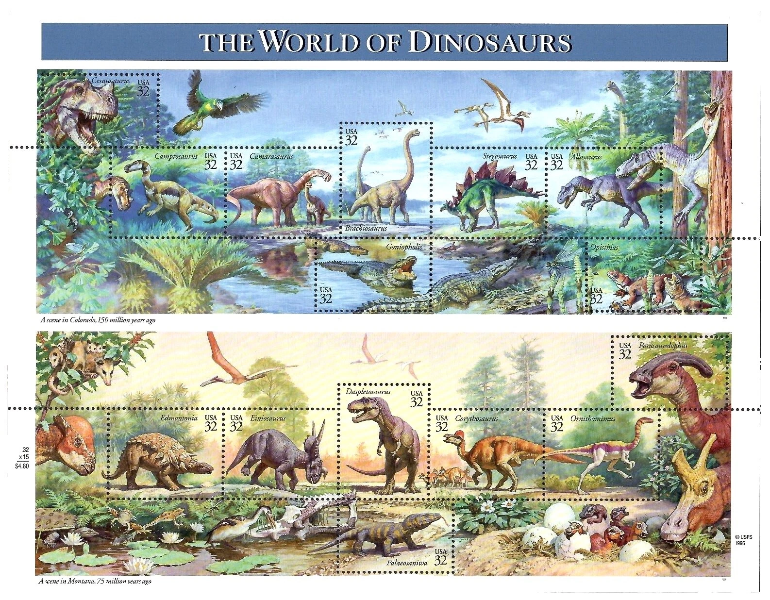 Mint Never Hinged/MNH Dinosaurs United States Stamps