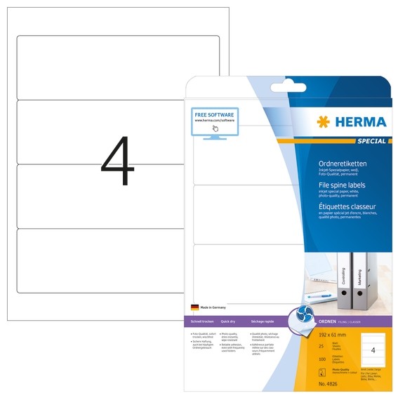 Herma 4826 Inkjet Ordneretiketten A4 192X61 Mm Weiß Papier Matt 100 St.-image