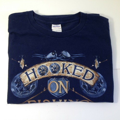 Hooked on Fishing T-shirt Shirt Blue Gildan 100% Cotton Size 3XL - Picture 6 of 6