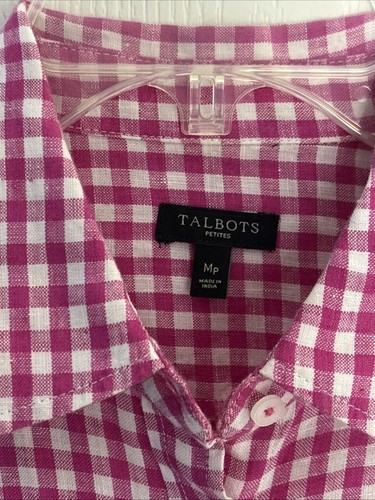 Talbots 100% Linen Button Up Shirt Size Medium Pink/White Gingham Beach EUC - Picture 2 of 11