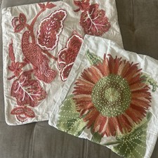 Pottery Barn Sunflower Crewel Embroidered Throw Pillow Cover Lot 18x18 24x24