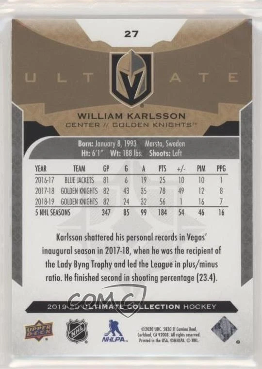 2019-20 Upper Deck Ultimate Collection /149 William Karlsson #27 - Image 2 of 2