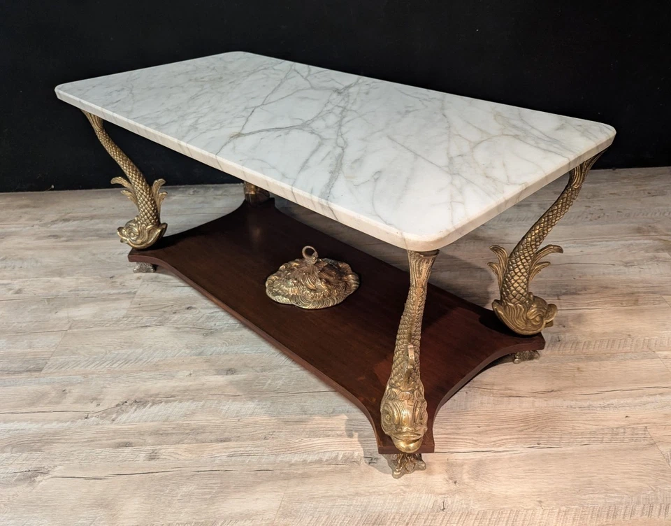 Table basse en acajou et bronze doré, plateau en marbre blanc – Travail des anné - Photo 2/4