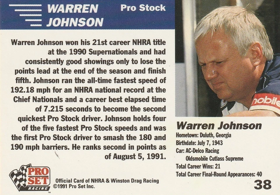 Warren Johnson 1991 Pro Set #38 - NHRA Racing Prototypes - With Autograph - Image 2 of 2