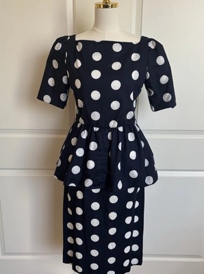 Mollie Parnis Vintage 70's Polka Dot Peplum Blouse & Skirt Set USA Made Size 14